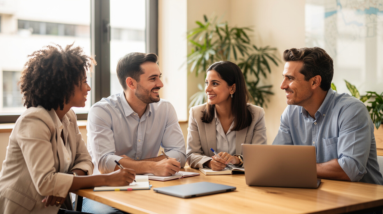 Grupo de pessoas conversando em um ambiente colaborativo e acolhedor